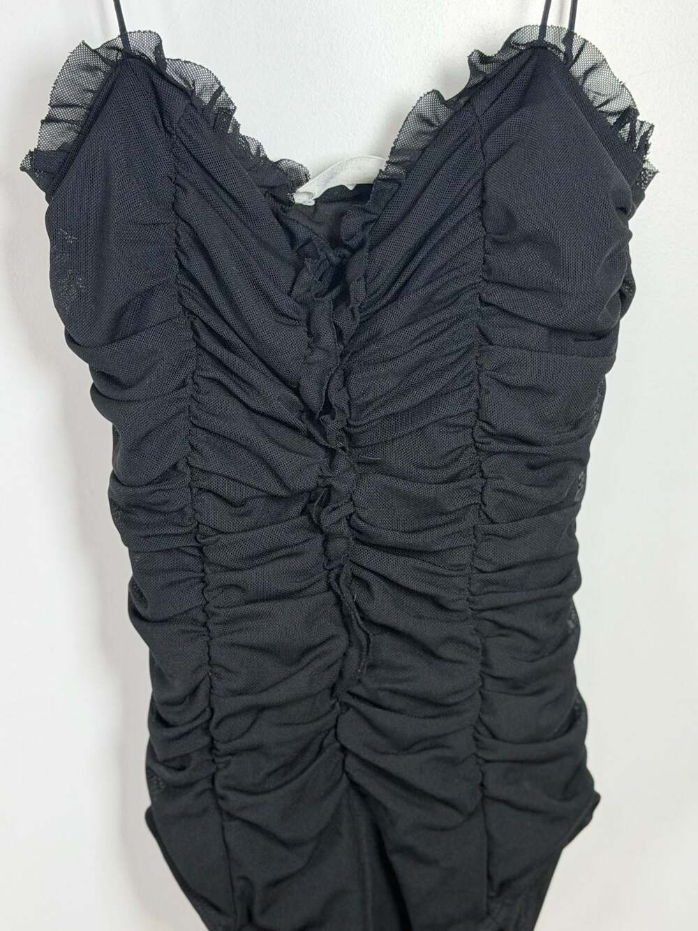 American Threads Black Ruffle Mesh Ruched Bodysuit